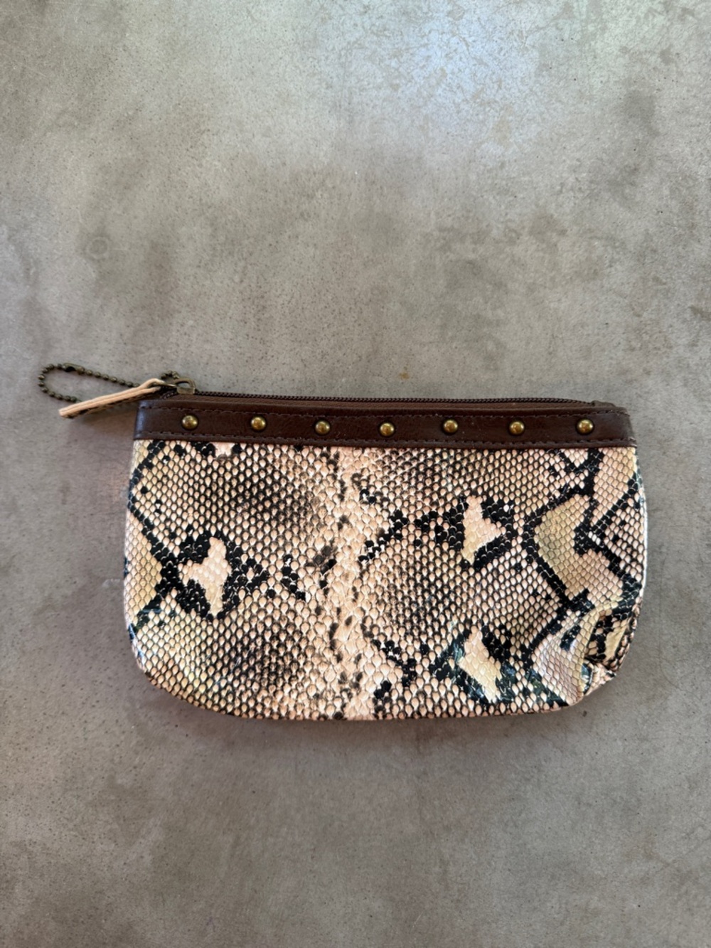 Snake-Print Faux Leather Zip Pouch in Beige and Black